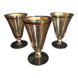 Set of three Hartzviller crystal glasses with golden stripes from the 50s and 60s