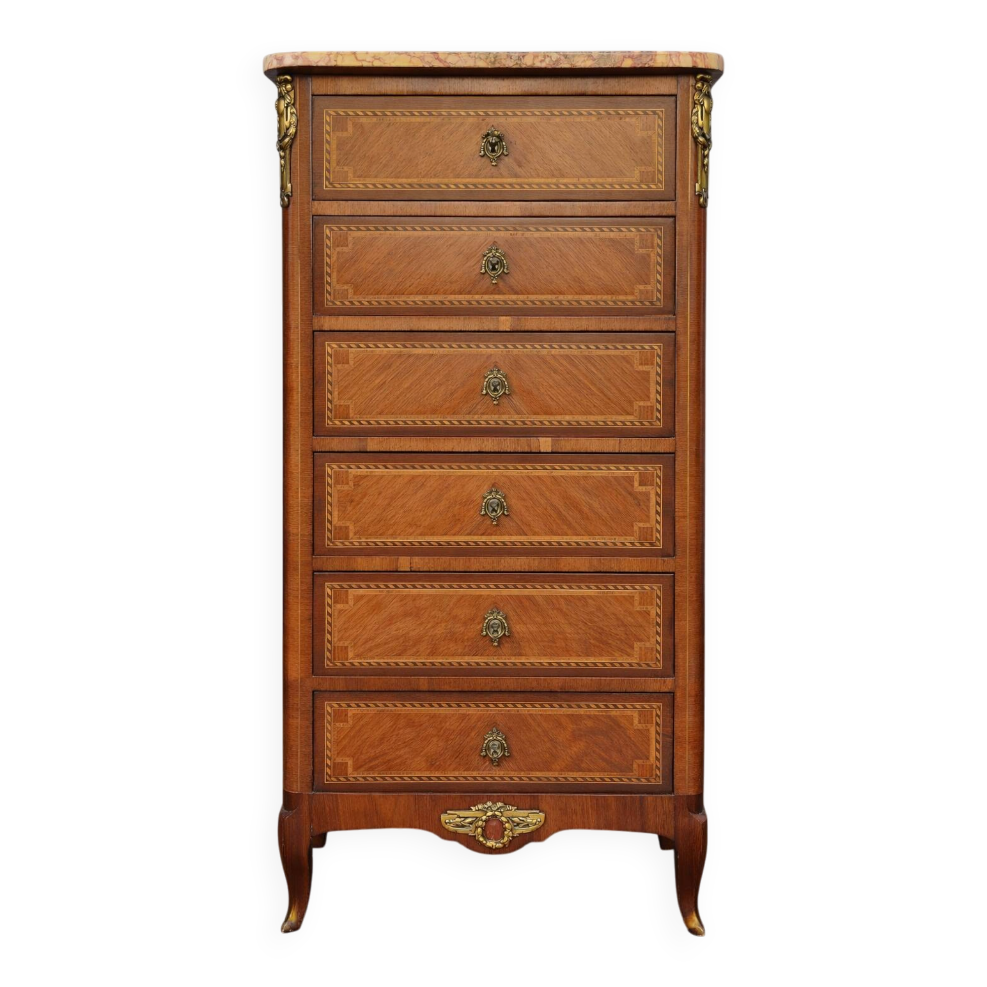 Louis XV style chest of drawers in noble wood marquetry – Marble top –