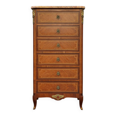 Semainier style Louis XV en marqueterie de bois nobles – Dessus marbre –