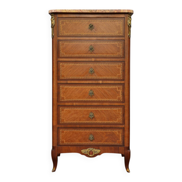 Semainier style Louis XV en marqueterie de bois nobles – Dessus marbre –