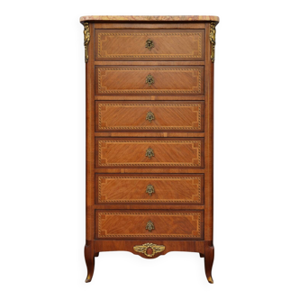 Louis XV style chest of drawers in noble wood marquetry – Marble top –
