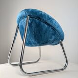 Pair of Italian Chrome and Blue Velvet Armchairs, 1970s