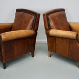 Vintage dutch cognac colored leather club chairs