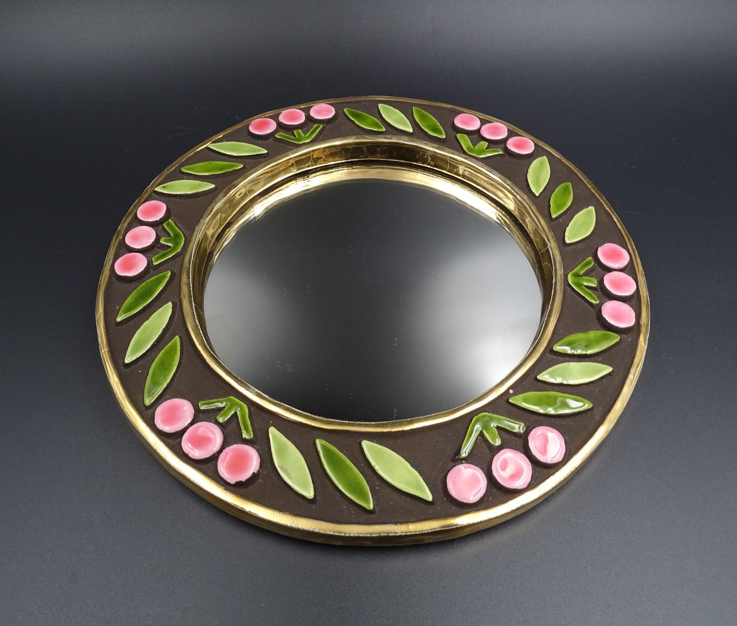 Small round mirror in earthenware- Cherry enamelled decoration - circa 1970