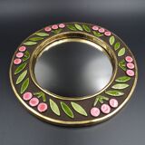 Small round mirror in earthenware- Cherry enamelled decoration - circa 1970