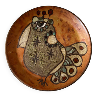 Vintage terracotta ceramic bird plate by Roland Zobel, Les Cyclades