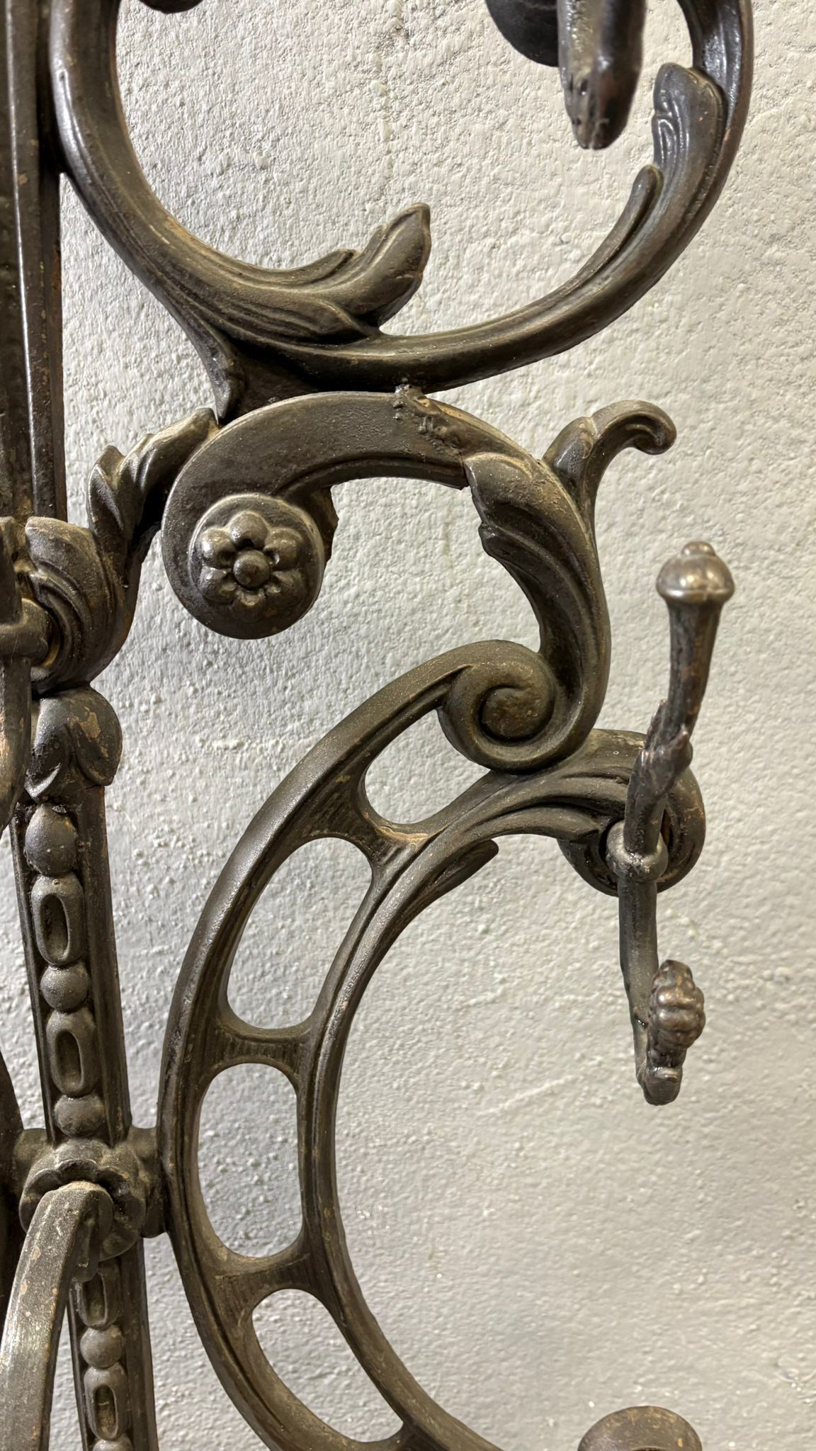 Antique cast iron hall stand, Victorian coat rack with marble base, ornate hall tree, 19th century