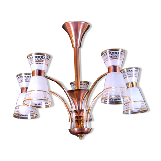 Mid-Century Brass Chandelier With Diabolo Frozen Glass Shade, France