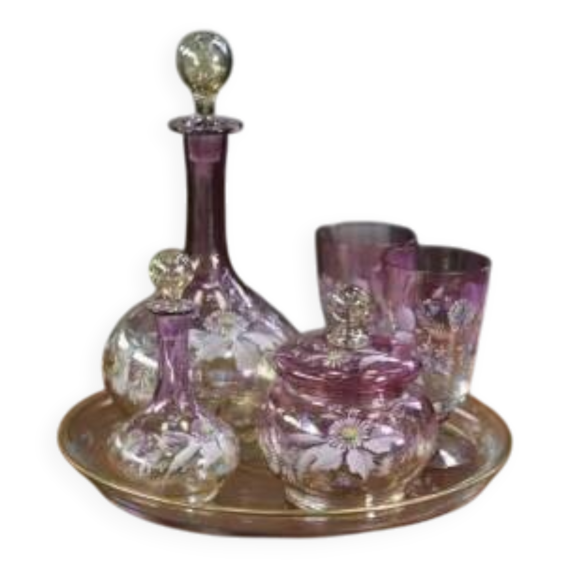 Set of pink blown glass carafes and glasses, 1950s