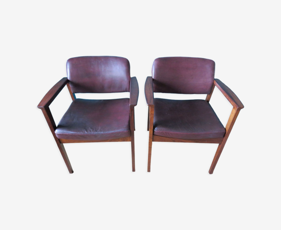 Paire de fauteuils en palissandre de Rio et cuir prune, Danemark 1960