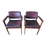 Pair of armchairs in rosewood from Rio and plum leather, Denmark 1960