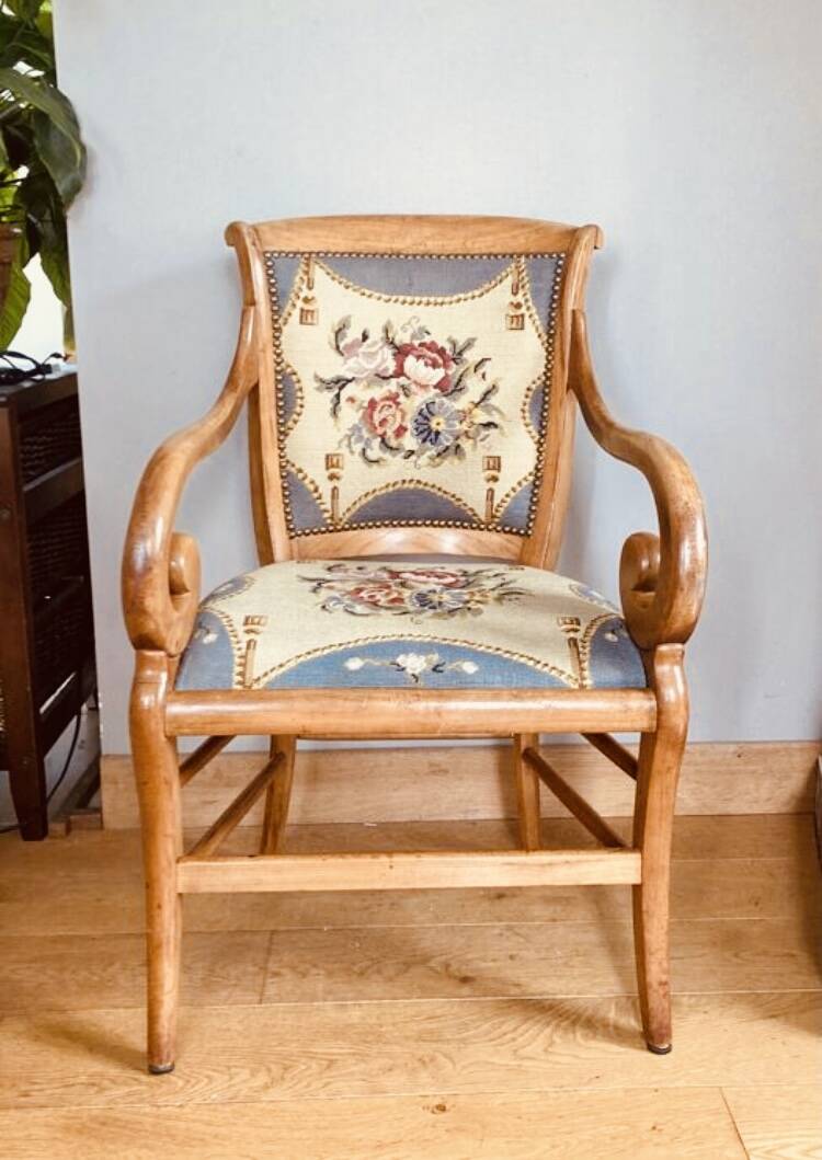 19th century St Empire armchair in pegged blond walnut with cross-stitched tapestries