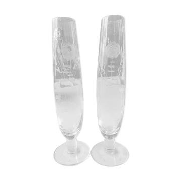 Paire de vases/soliflores transparents de forme ovale, en verre soufflé gravé motifs floraux