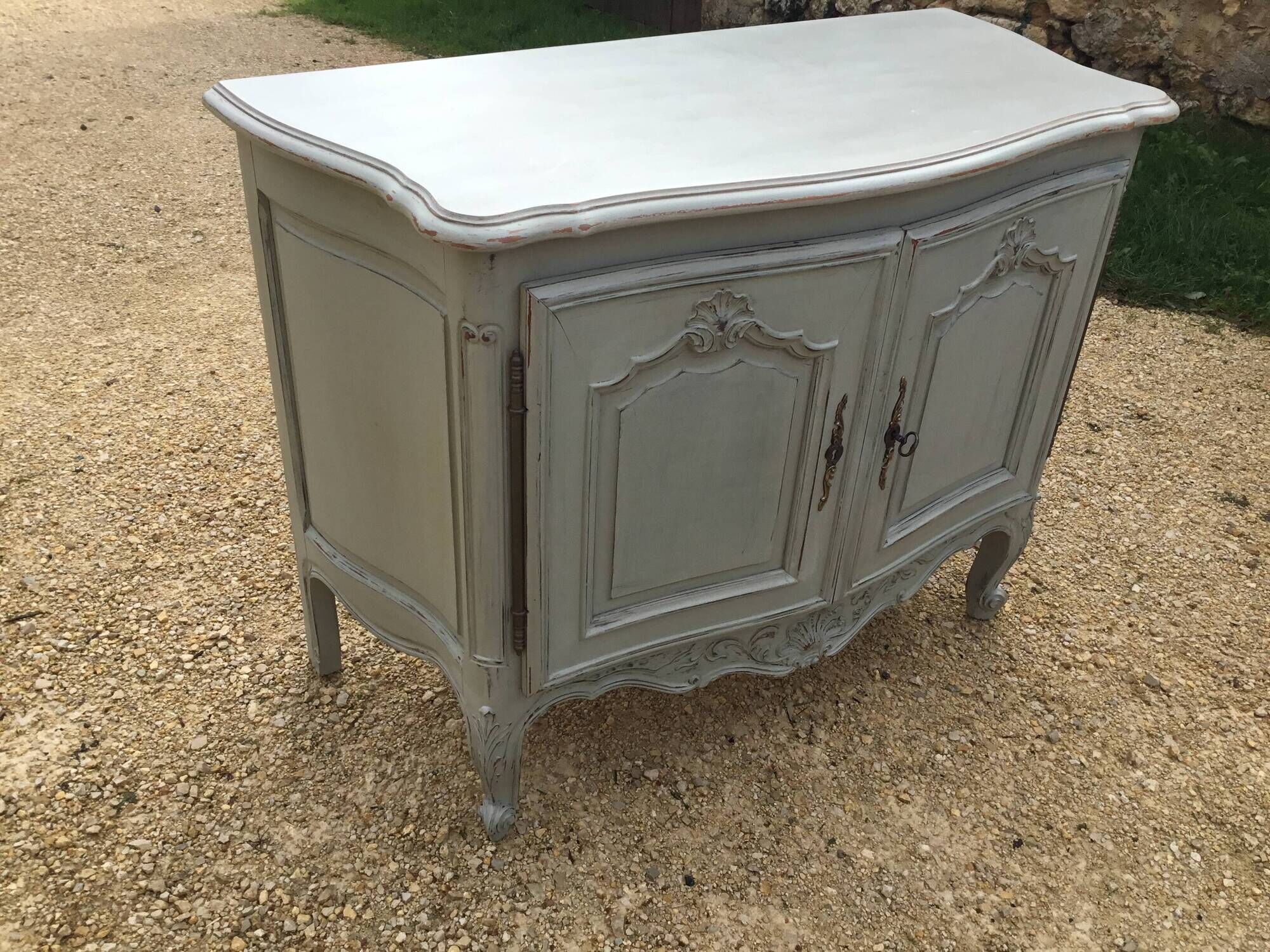 Louis XV style sideboard in cherry wood, revamped with Versailles parquet flooring
