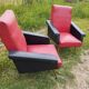 Pair of vintage 60s armchairs – Red and black faux leather