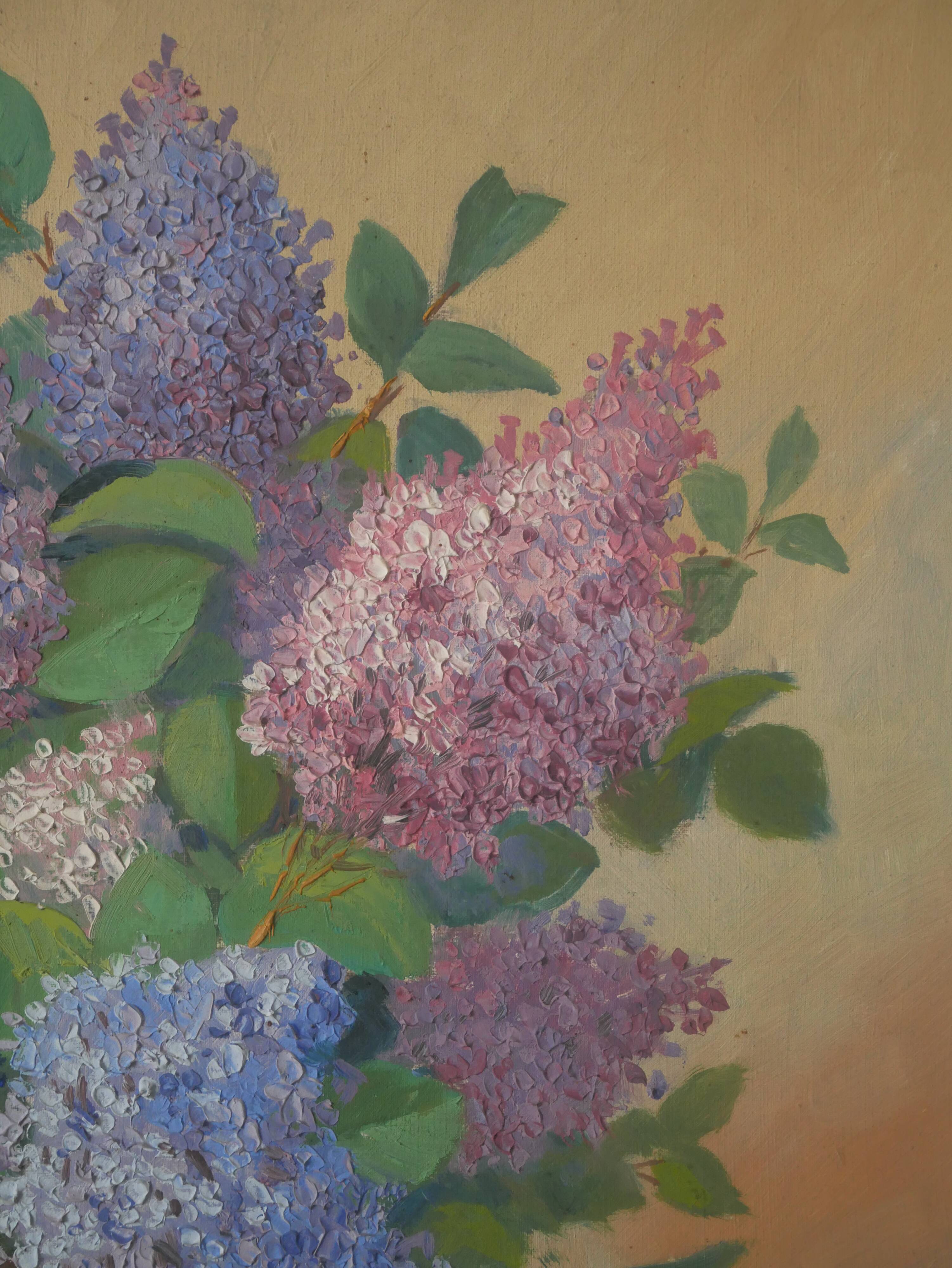 Painting acrylic painting on canvas bouquet lilac flowers decoration countryside old still life