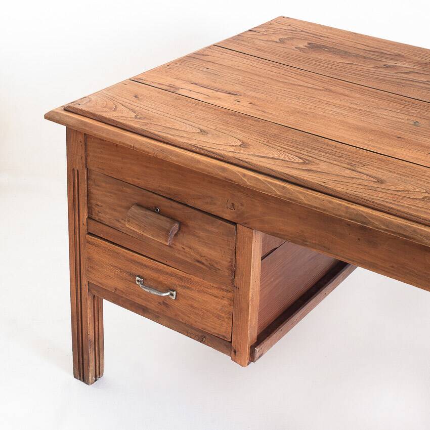Large vintage two-seater desk. Solid chestnut wood. Restored. France, 1940s