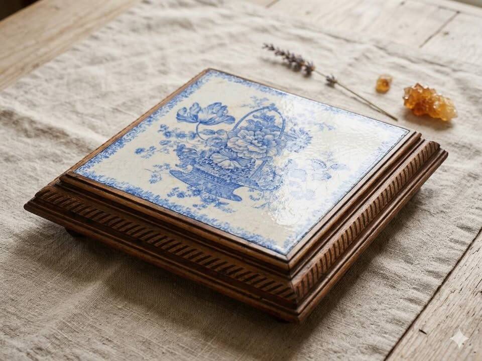 Magnificent Old Trivet Earthenware & Wood - Country Chic Style 26cm