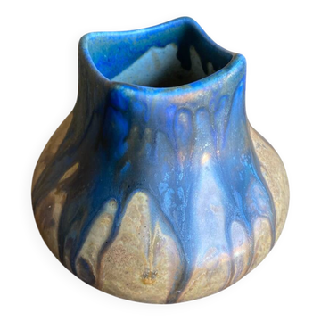 Vase Ancien GILBERT METENIER Grès Beige Glaçures Bleu Vallauris Vintag