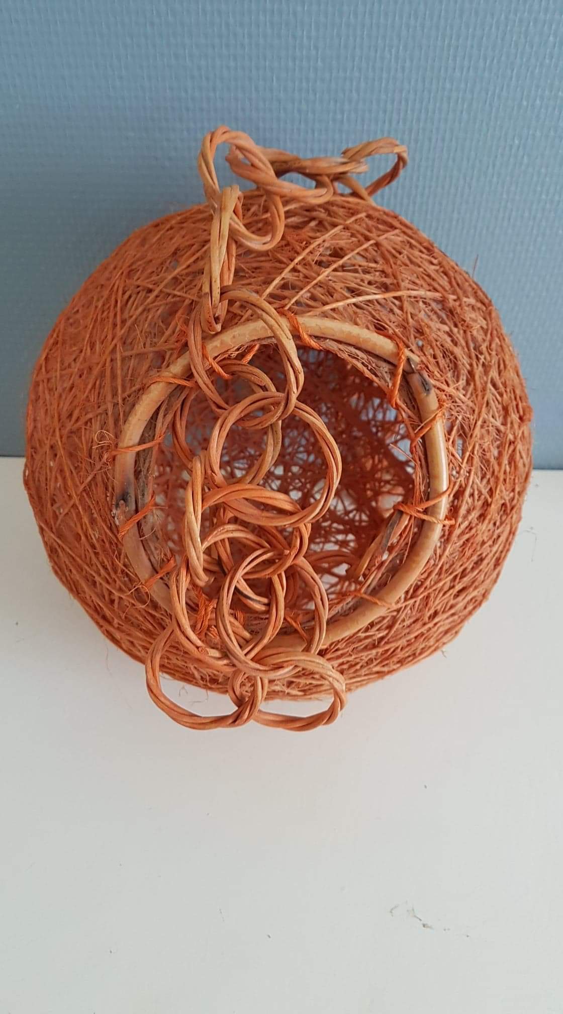 Orange ball hanging lamp with rope and rattan rope 1970