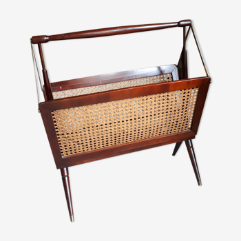 Cesare Lacca foldable magazine rack mahogany caning and brass