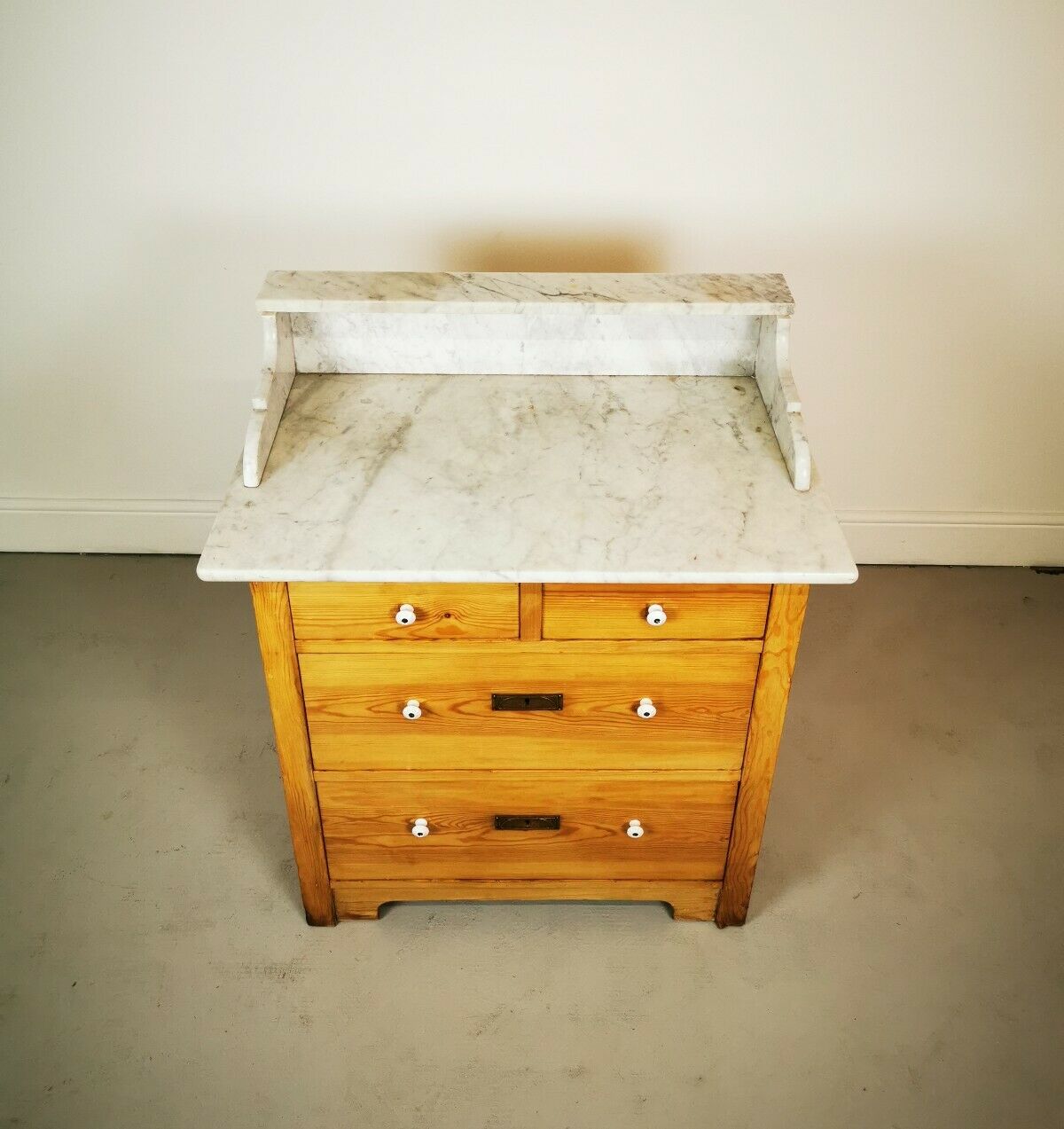 Victorian Antique Marble Top Pine Wash Stand Cupboard, Chest Of Drawers, Sink