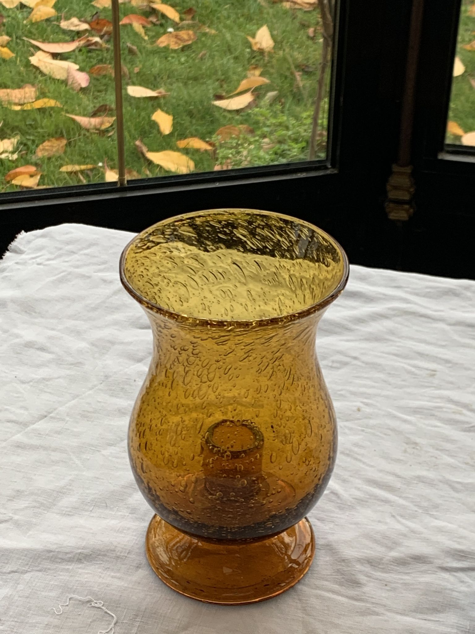 Photophore in bubble glass and hand-blown golden yellow signed vintage biot