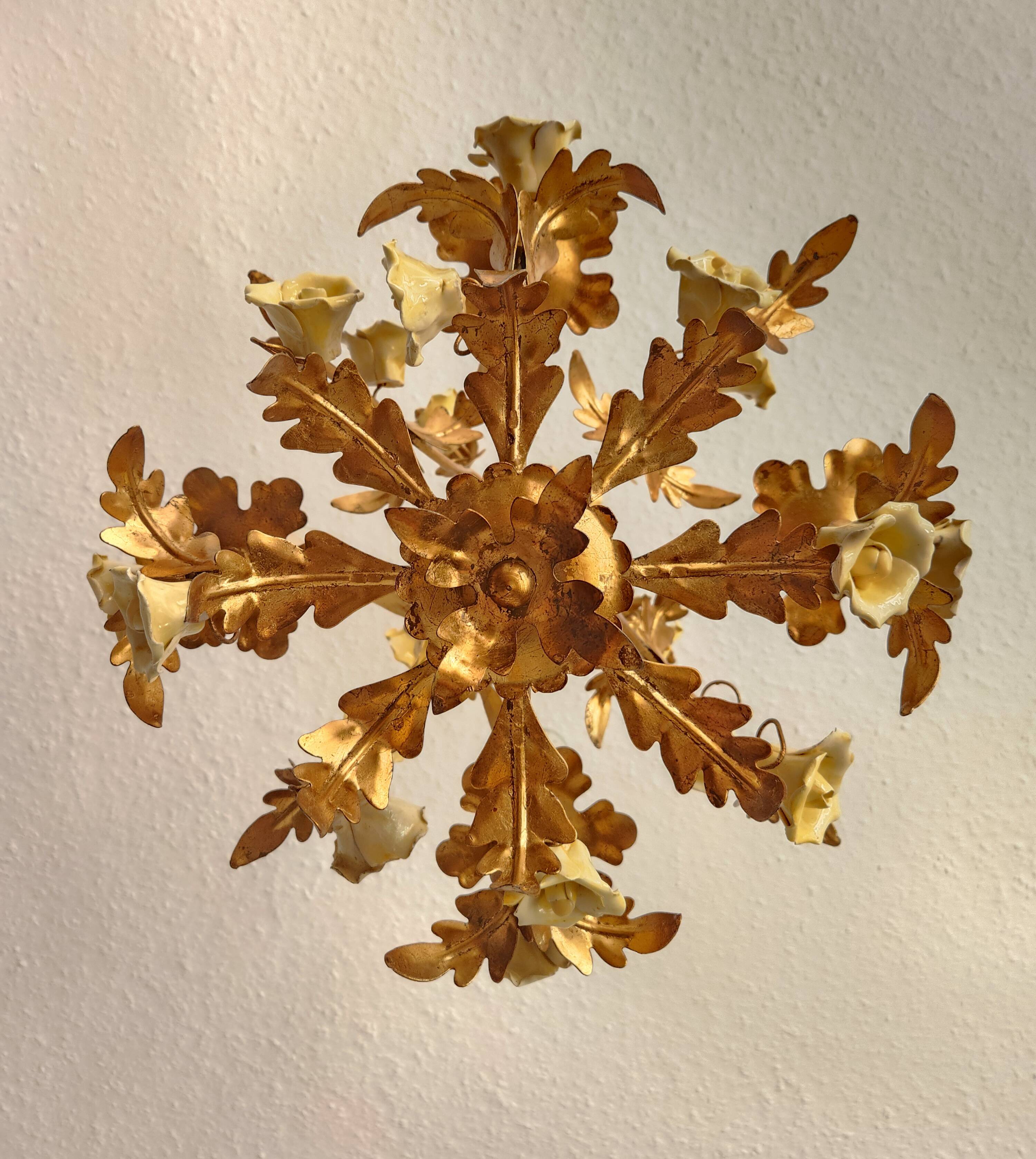 Vintage gilded hand-forged Florentine ceiling light with porcelain roses.