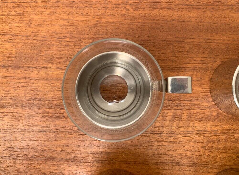 Vintage tea glasses RDA from East Germany by MUQ, Metallwarenfabrik Union Quedlinburg, set of 4.