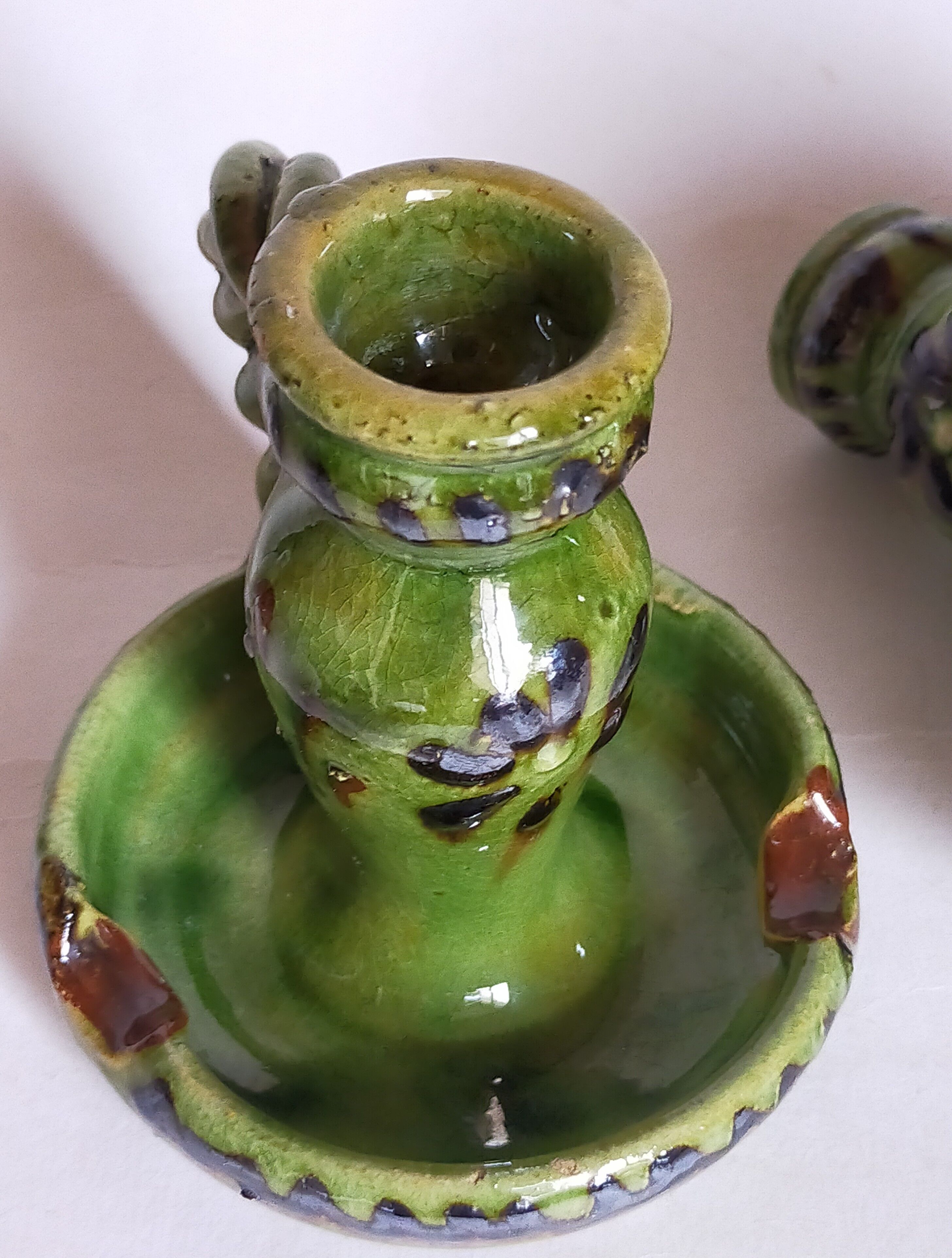 Duo of vintage potter's ceramic candle holders Regional Folk Art