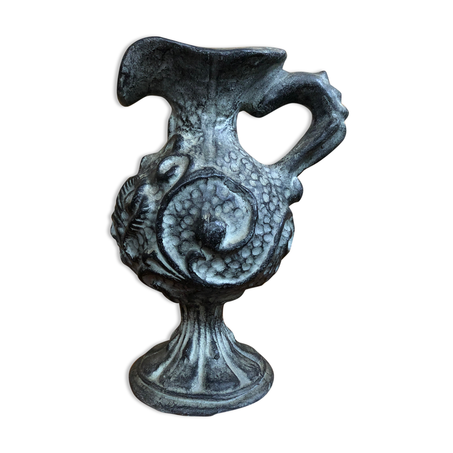 Old pitcher ewer gray ceramic signed vintage tableware