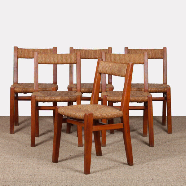 Suite de 6 chaises paillées en orme massif, travail français, 1950