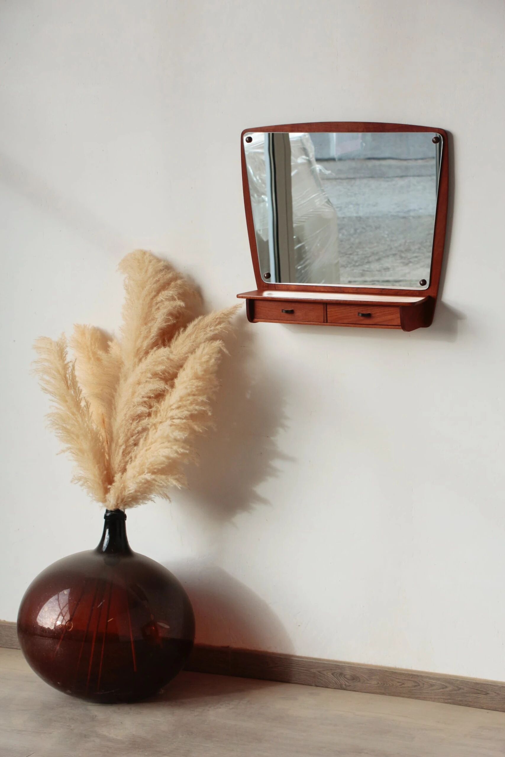 Scandinavian wall mirror in teak with drawers – mid-century Danish design