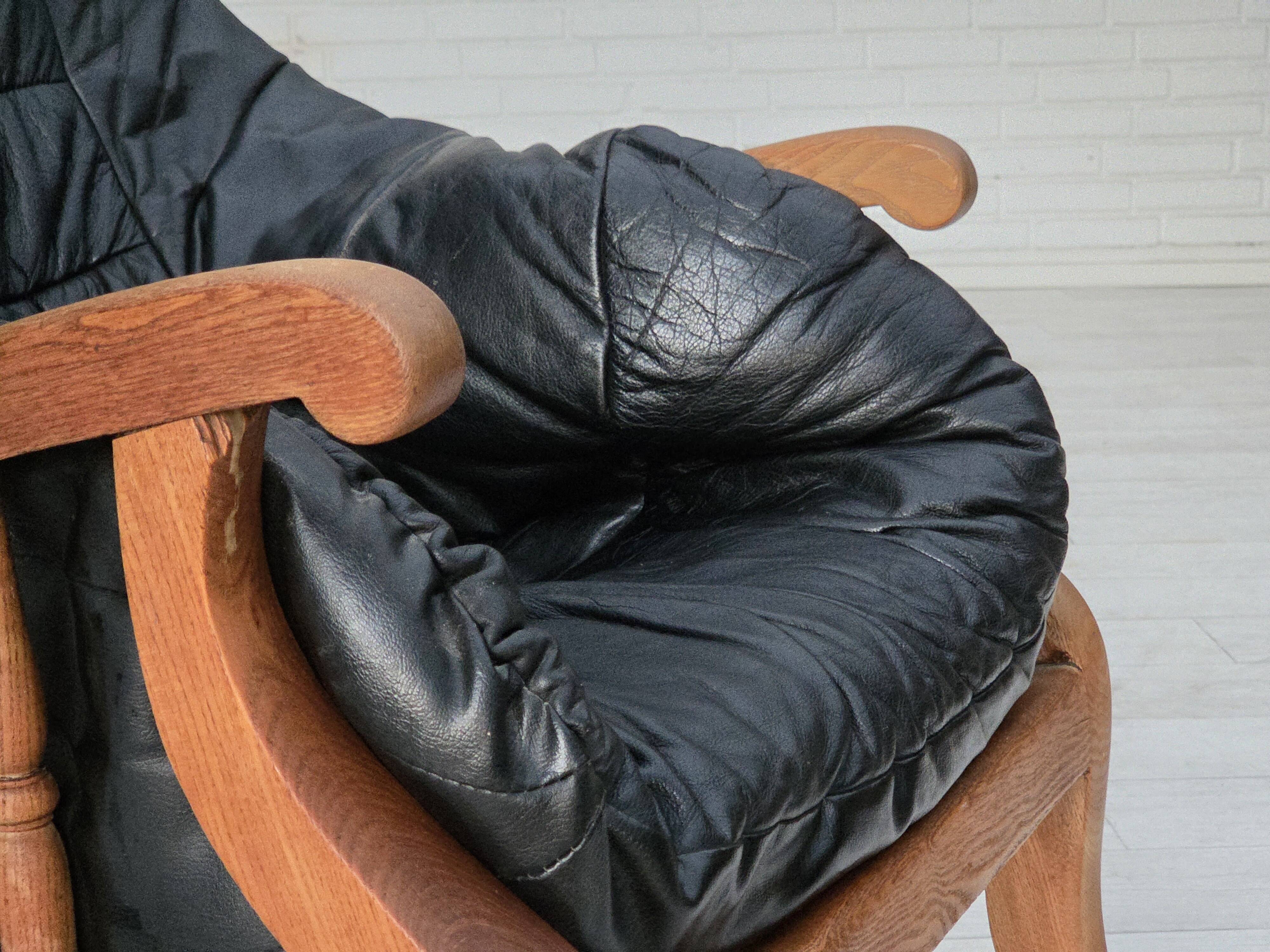 1950s, vintage adjustable armchair, black leather, ash wood.