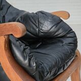 1950s, vintage adjustable armchair, black leather, ash wood.