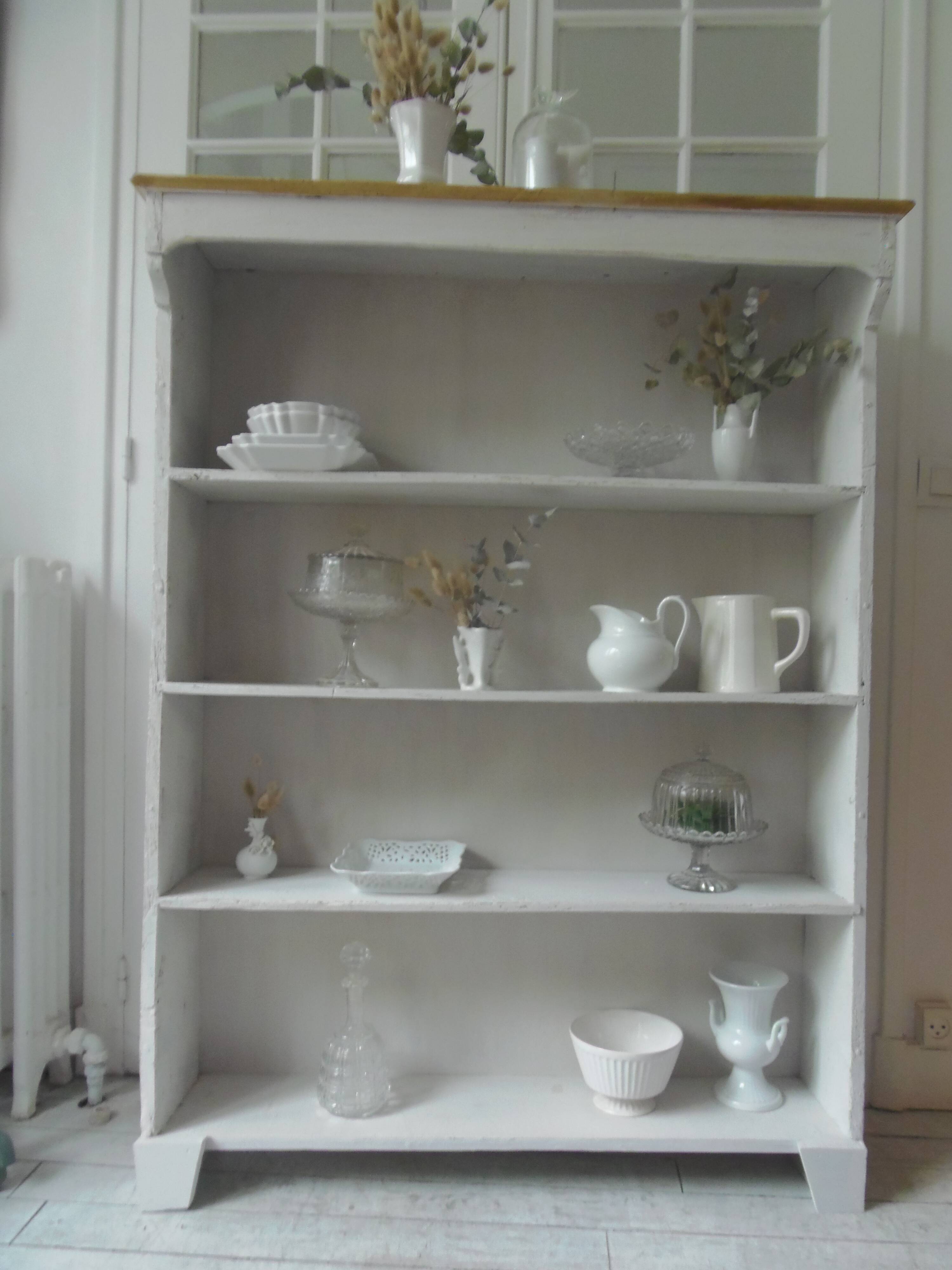 Bookcase in pearl grey waxed finish, light oak waxed top.