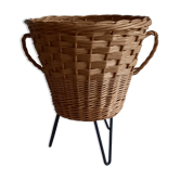 Cache pot tripode en rotin pieds metal ancien