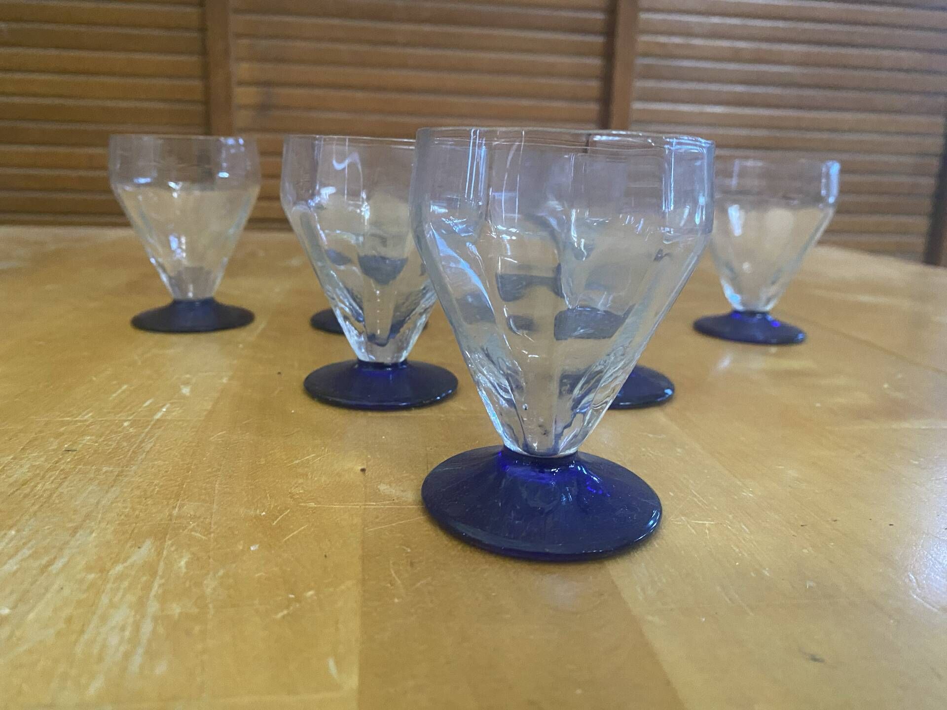 Set of 23 Stemmed Glasses Transparent Glass + Cobalt Blue Stems Vintage