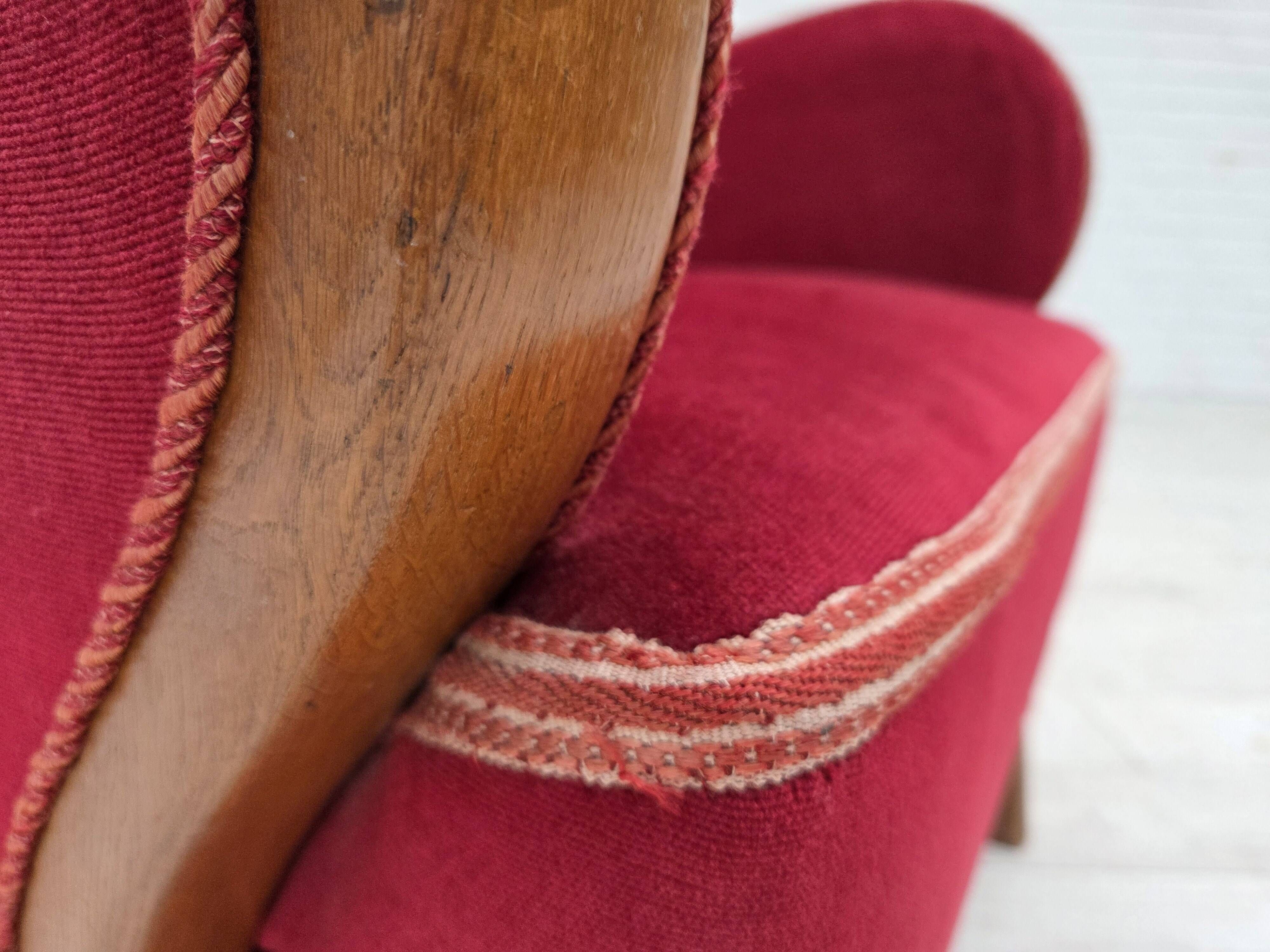 1960s, Danish armchair, red furniture velour, oak wood.