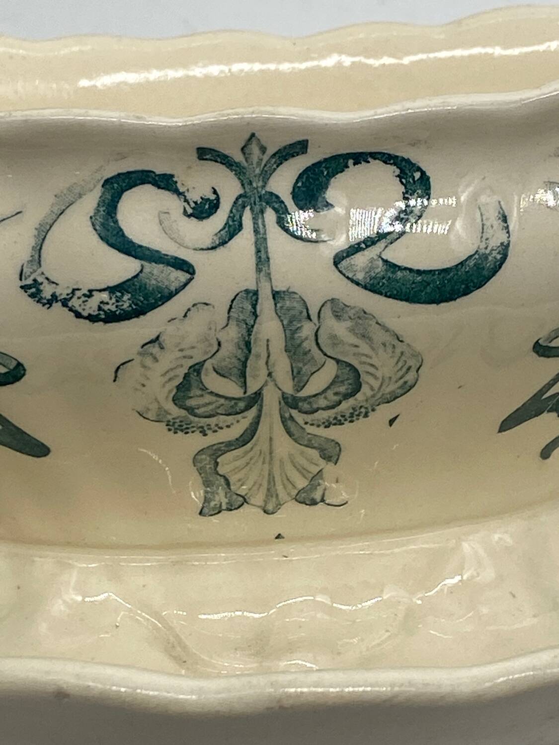 Longchamp earthenware gravy boat, Robert charcoal maker, Iris, art nouveau