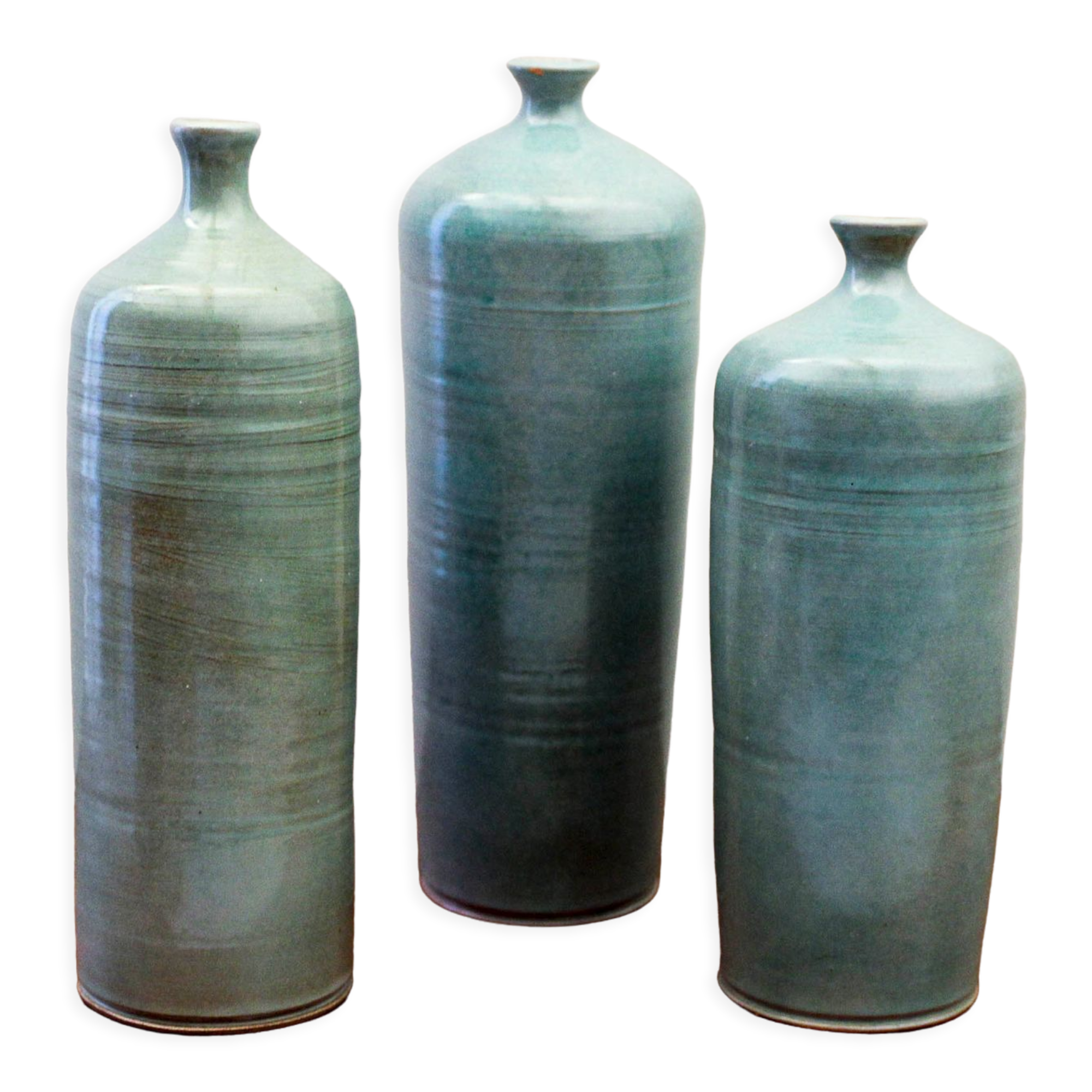 Trio de vases soliflores bouteilles en céramique emaillé