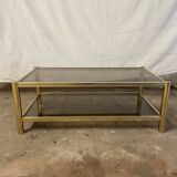 Vintage rectangular coffee table, gold metal, 2 trays: smoked glass 1980