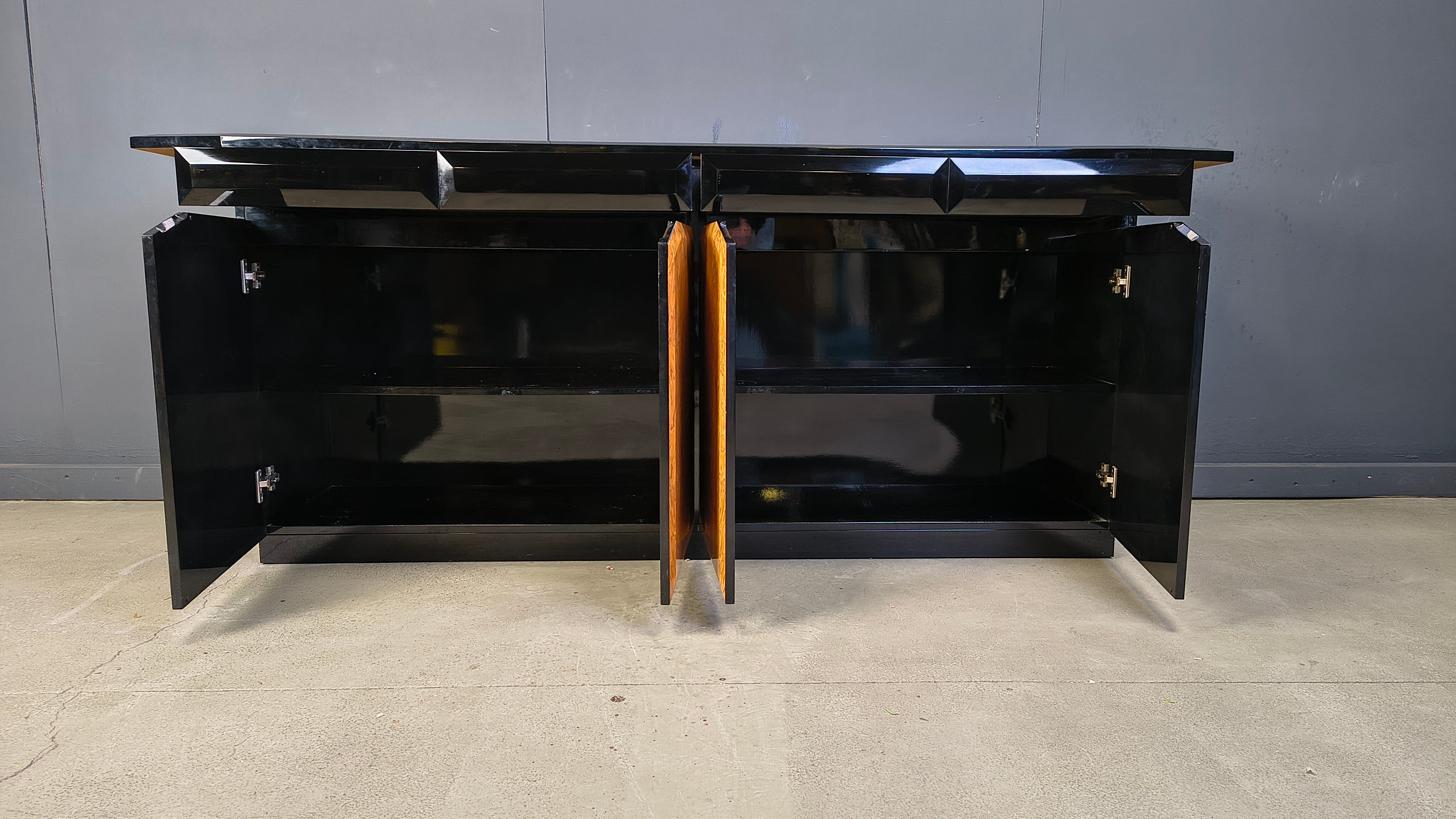 Vintage lacquer and burl wood credenza, 1980s