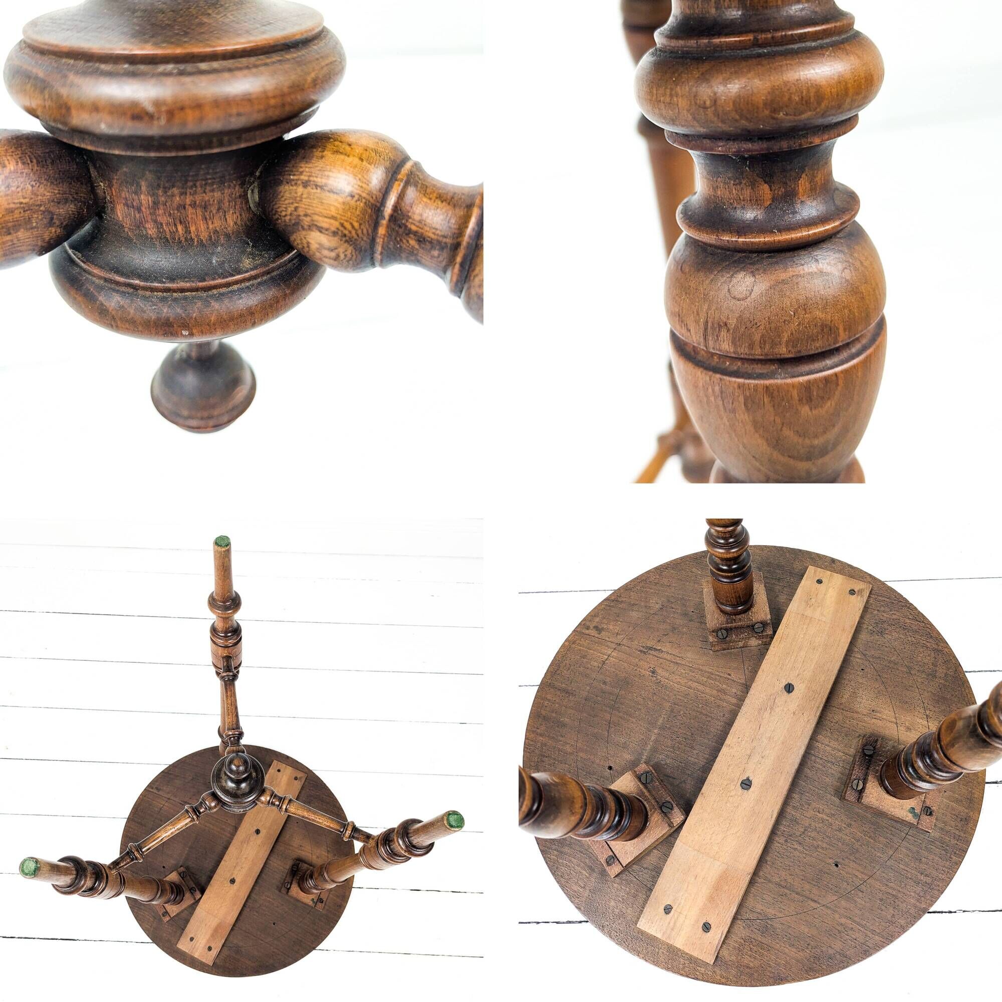 Table d’appoint vintage ronde à trois pieds en bois tourné massif style ant