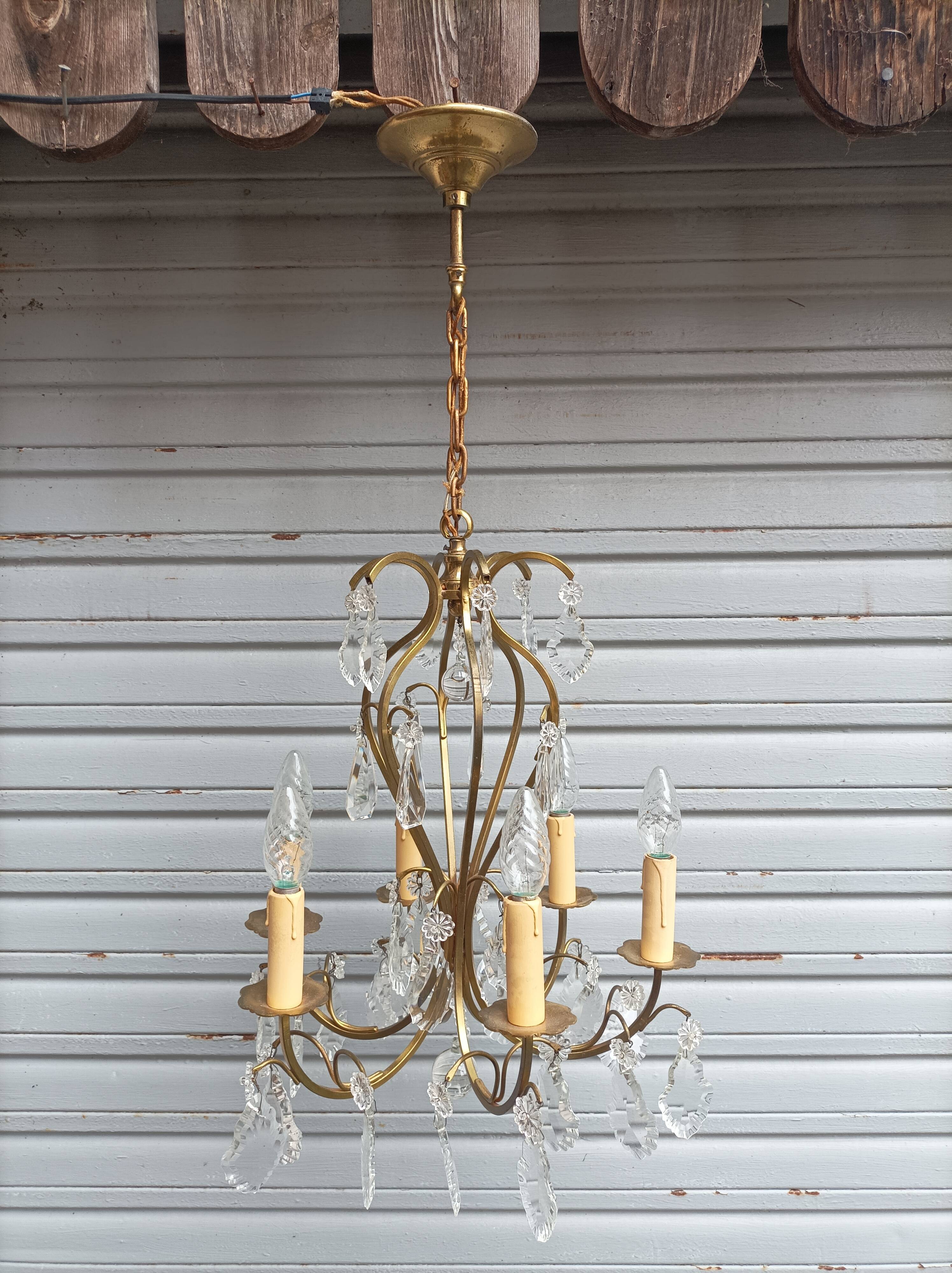 Remarkable 6-light cage chandelier with crystal pendants, complete and in working order.