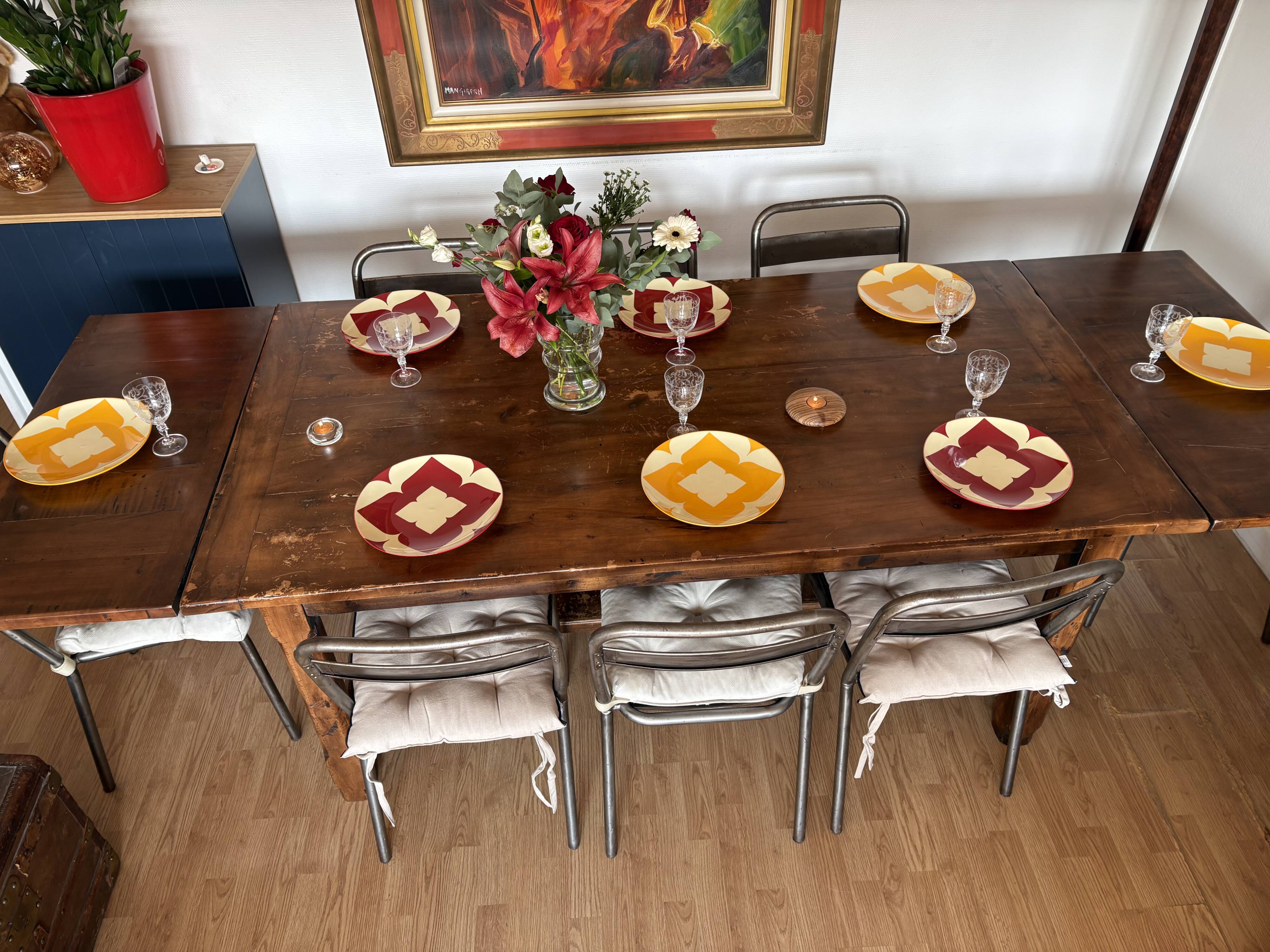 Solid cherry farmhouse table + 8 metal chairs - 2 extensions