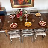Solid cherry farmhouse table + 8 metal chairs - 2 extensions