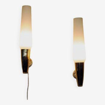 Brass and opaline glass cylinder shaped wall lamp pair by Asea - Sweden 1950s