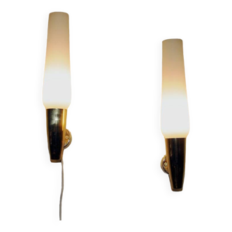 Brass and opaline glass cylinder shaped wall lamp pair by Asea - Sweden 1950s