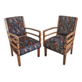 Paire de fauteuils Art Deco en noyer massif et velours